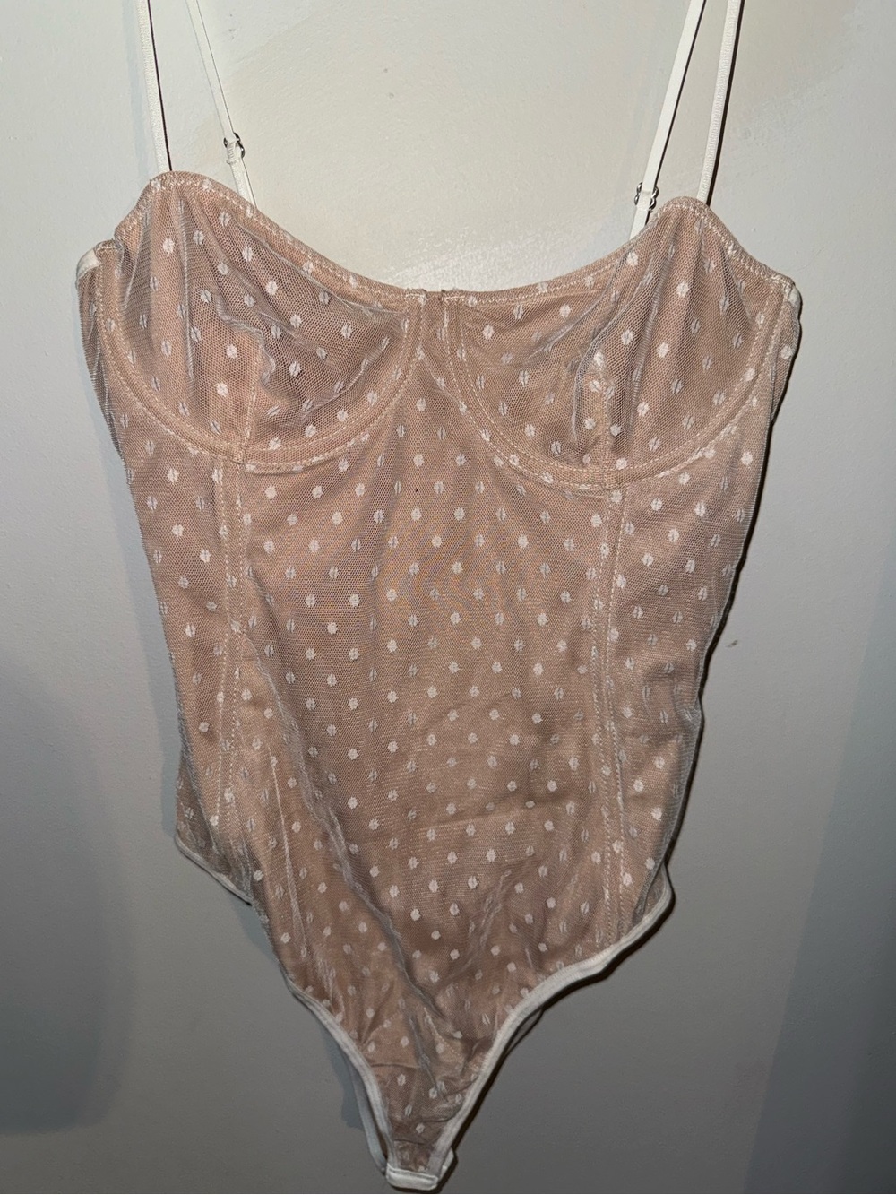 White Fox Boutique Nude Mesh Polka Dot Bodysuit